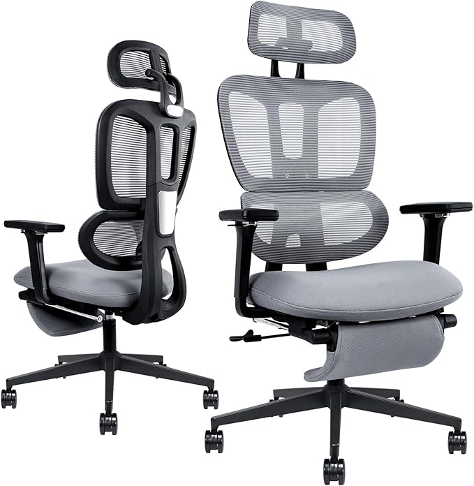 Ergonomic Office Chair with Footrest, High Back Computer Office Chair with Dynamic Lumbar Support, 2D Headrest, 4D Armrest, Sponge Seat, Mesh Home Office Desk Chair for Adults, Dark Grey