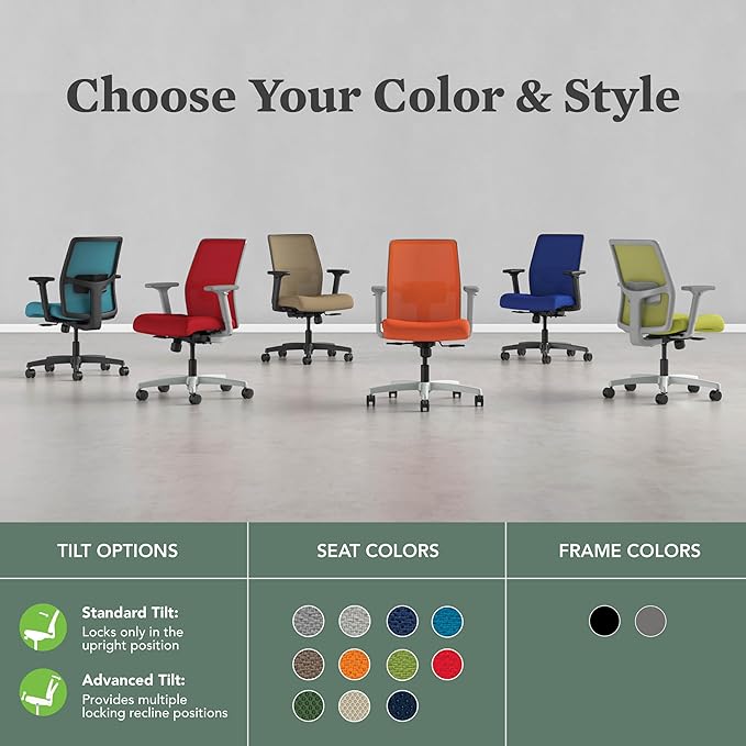 HON Ignition 2.0 Low Back Task Chair, Spectrum Mesh, Standard Synchro-Tilt Control, Office Chair with Lumbar Support, Height and Width Adjustable Arms, Black Frame, Pear