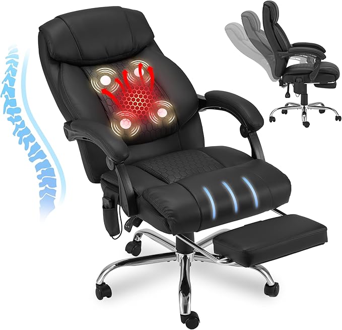 HOMREST Heated Office Chair with Vibrating Massage, Ergonomic Executive Desk Chair with Retractable Footrest and Lumbar Support, High-Back Reclining PU Leather Computer Chair for Home Office,Black