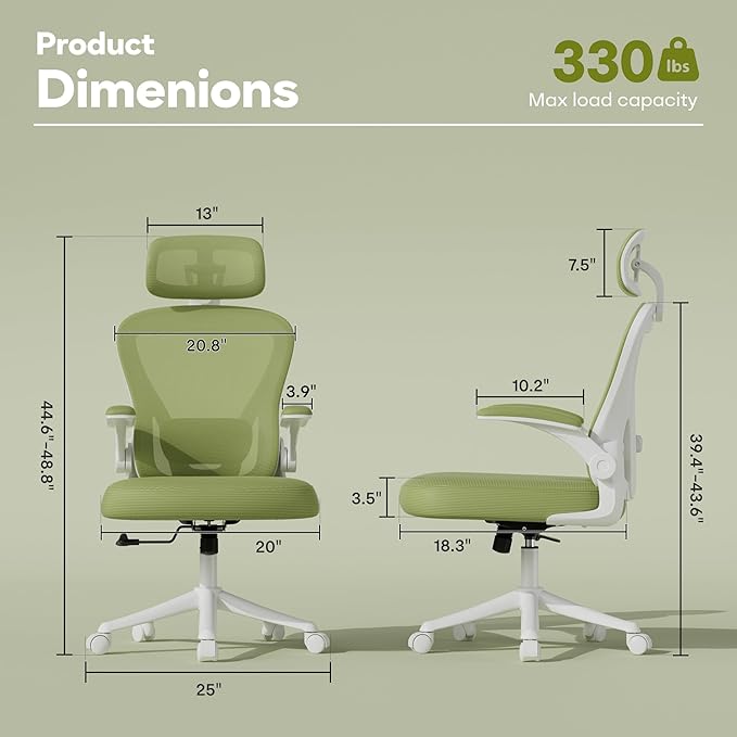 SeekFancy Ergonomic Office Chair M903, Computer Desk Chair with Wheels, High Back Mesh Office Chair with Adjustable Lumbar Support, Headrest, Flip-Up Armrests, Green