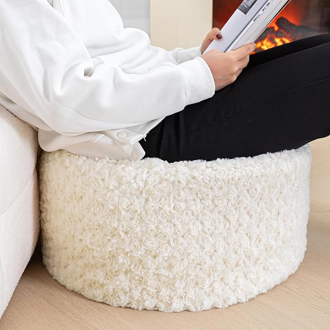 Poofieotto Unstuffed Pouf Ottoman Cover Handmade Footstool Ottoman Storage Solution Floor Pouf Footrest Cushion 20x12 Inches for Living Room Wedding Ivory