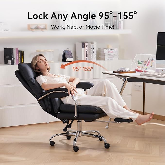 LEAGOO Office Chair with Foot Rest, Ergonomic Executive Office Chair with Arms, Reclining High Back PU Leather Comfy Swivel Computer Desk Chairs with Wheels (Inky‌)