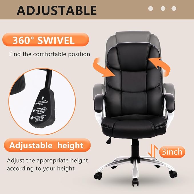 FDW Office Chair Computer High Back Adjustable Ergonomic Desk Chair Executive PU Leather Swivel Task Chair with Armrests Lumbar Support (Dark Black)