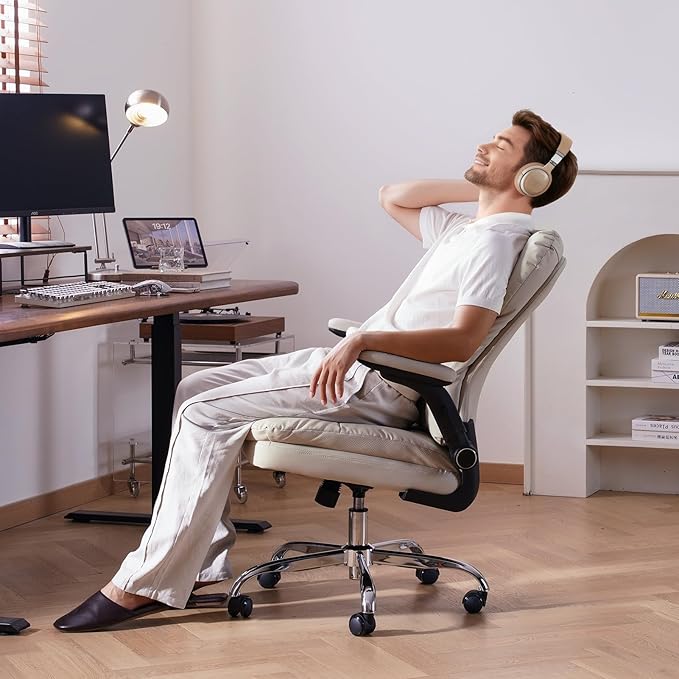 LEAGOO Ergonomic Office Chair with 3D Flip-Up Arms, Adjustable Height & Rocking Function, PU Leather Swivel Task Chair for Home Office, 300 lbs Capacity - Beige
