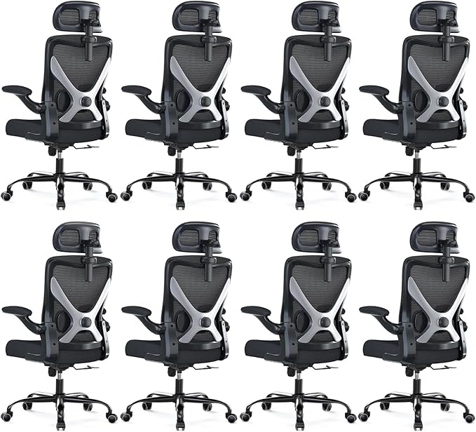 Ergonomic Office Chair - X-Shaped Computer Desk Chair Comfy, Gaming Chair, Office Chair with Lumbar Support, Mesh Office Chairs with Headrests, Desk Chair for Long Hours, Black Silver, Pack of 8