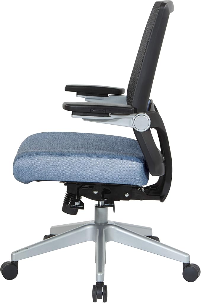 Space Seating 867 Series Adjustable Manager's Chair with Breathable Mesh Back, Lumbar Support and Padded Flip Arms, Blue Fabric Seat with Silver Nylon Base