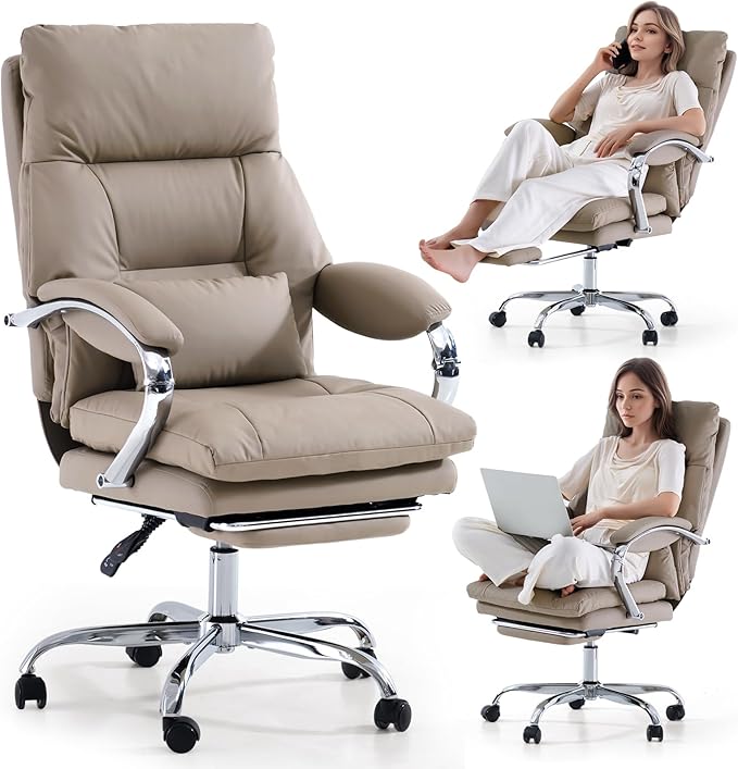 LEAGOO Office Chair with Foot Rest, Executive Reclining Office Chairs with Arms, Ergonomic High Back PU Leather Comfy Swivel Computer Desk Chairs with Wheels and Lumbar Support for Home Office, Tan