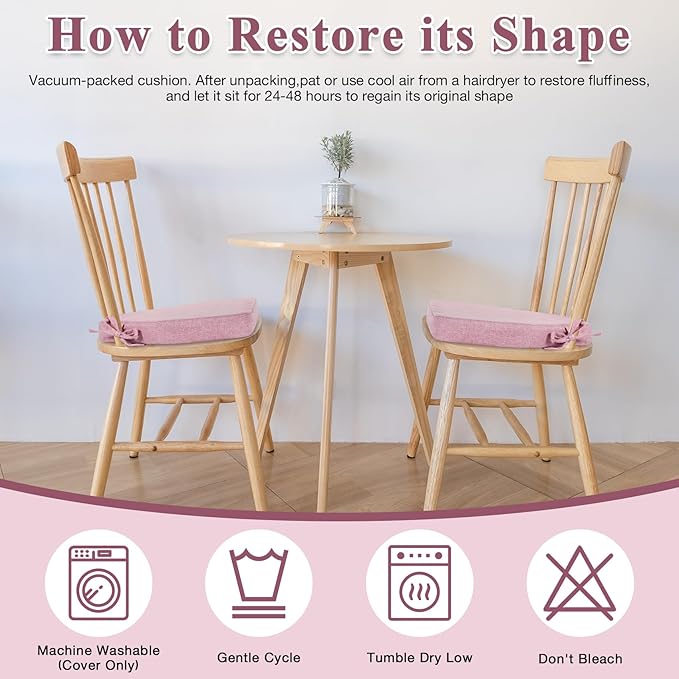 Dusty Pink Winsor Chair Cushions with Ties, Dining Kitchen Chair Seat Pads Non Slip Removable Washable Cover 17"x16" 2 Pack