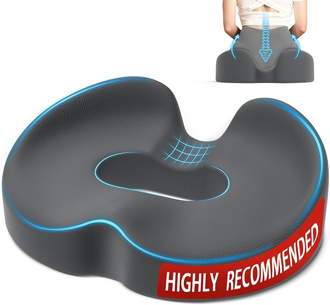 TushGuard Ergonomic Donut Pillow Seat Cushion with Raised Rear Support, Large Memory Foam Cushion for Tailbone, Hemorrhoids & Sciatica Relief, Office Chair, Car, Travel, Postpartum, Grey