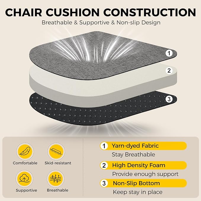downluxe Indoor Chair Cushions for Dining Chairs, Soft and Comfortable Textured Foam Kitchen Chair Pads with Ties and Non-Slip Backing, 16" x 16" x 2", Dark Grey, 2 Pack