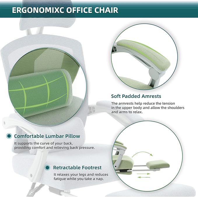 DUMOS Home Office Desk Chair with Footrest, High-Back Mesh Rolling Swivel Reclining Chairs with Wheels, Comfortable Headrest, Lumbar Support, Comfy Arms for Home, Office, Gaming, Elegant Green