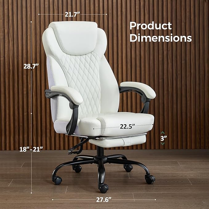 amseatec Office Chair, Big and Tall Office Chair with Foot Rest Ergonomic Chair Home Office Desk Chairs Reclining High Back Leather Chair with Lumbar Support(White)