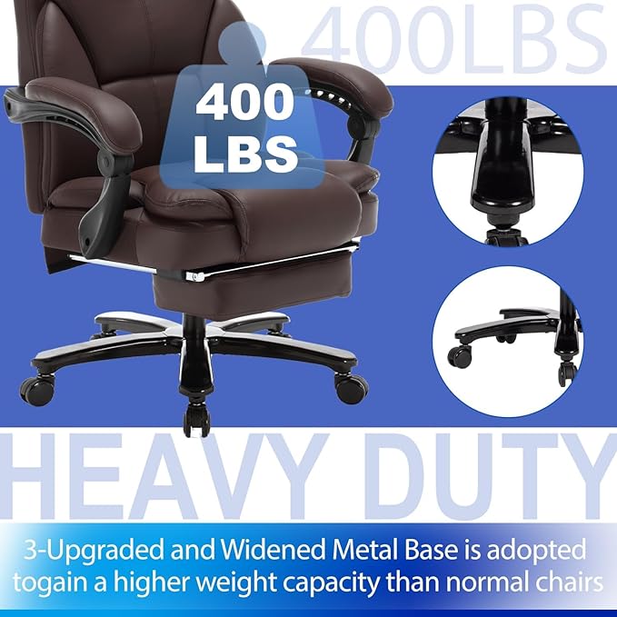 400lbs Reclining Office Chair with Footrest, PU Leather Big and Tall Heavy Duty Ergonomic Gaming Chair with Leg Rest, Brown