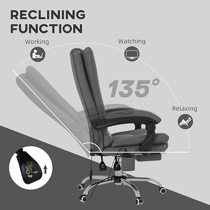 Vinsetto Executive Massage Office Chair with 4 Vibration and Heat, 3 Modes, PU Leather Swivel Chair with Adjustable Height, Reclining Back, and Footrest, Gray