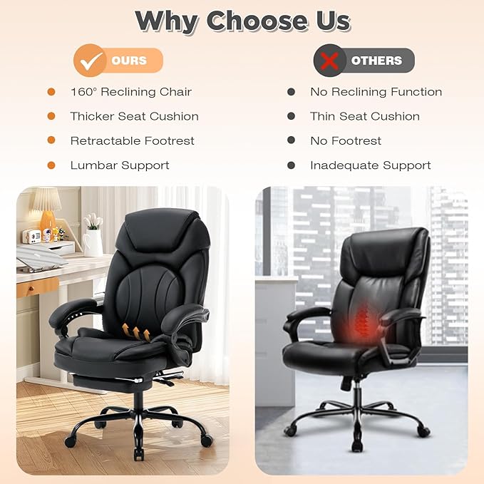 Comfortable Office Chair with Lumbar Support, PU Leather Ergonomic Reclining Office Desk Chair Wide Seat Recliner Office Chair with Foot Leg Rest, Black