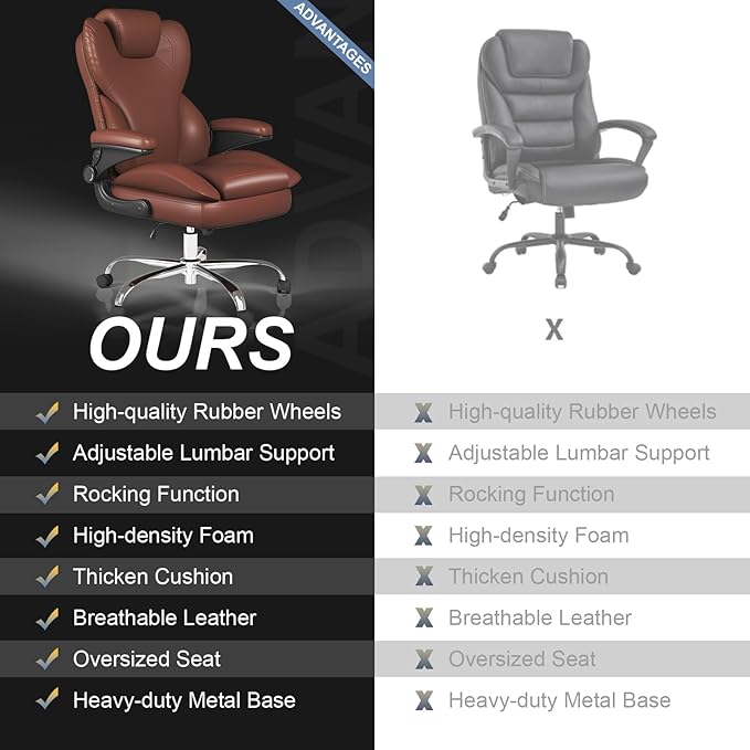 Office Chair, Home Desk Chair, Ergonomic Computer Chair with Lumbar Support, Executive Leather Chair with Flip-Up Armrests, Big and Tall Swivel Rolling Chair, Light Brown