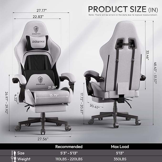 Dowinx Gaming Chair Fabric Big and Tall with Pocket Spring Cushion, Massage Game Chair Cloth with Headrest, Ergonomic Computer Chair with Footrest 350LBS, Black Grey
