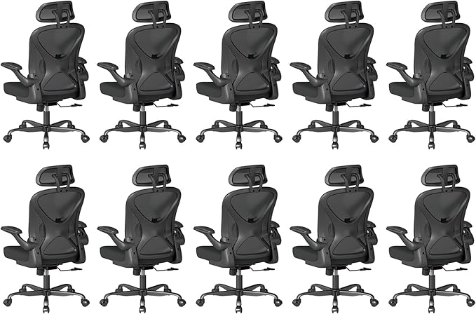 Ergonomic Office Chair Set of 10, with Adjustable Lumbar Support, Mesh Fabric Home Office Chair with Headrest, 360° Swivel and Flip-Up Armrests, Black