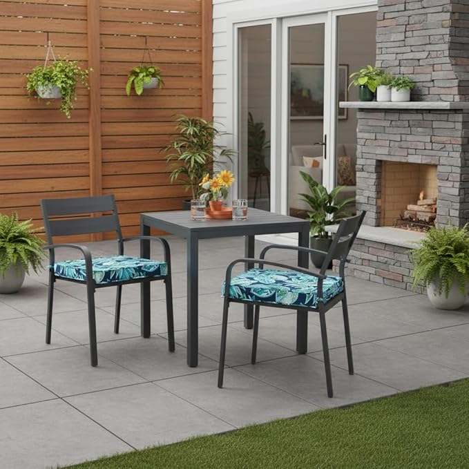 Outdoor 18 inch Square Patio Dining Chair Pads – Comfortable Fiber-Filled Seat Cushions with Ties, Reversible Polyester Fabric - Botanical Crestwood, Set of 2