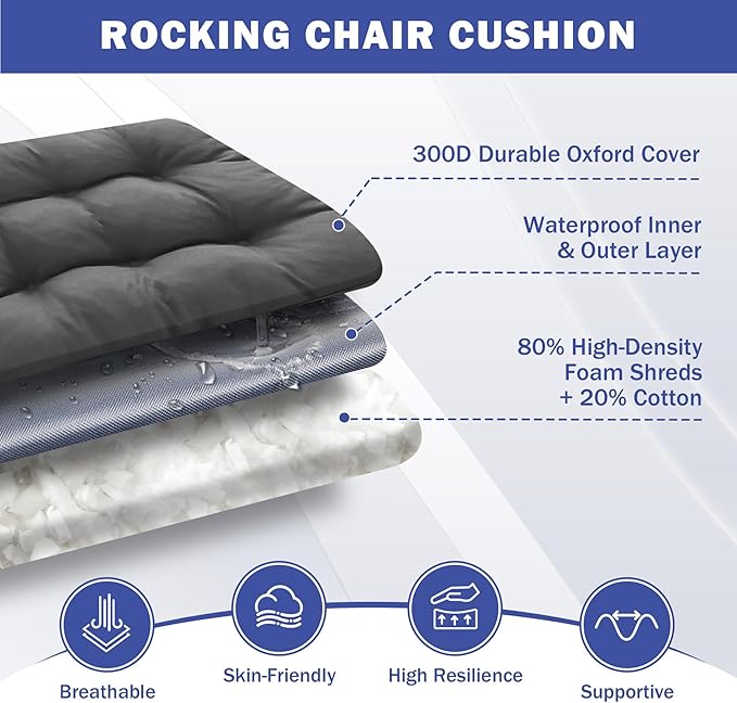IPYNBAP Rocking Chair Cushion, Waterproof and Fade-Resistant Patio Chair Cushions, Tufted Chair Pads for Rocker Furniture, 18x18 Inch, Indoor/Outdoor Seat Cushions with Ties, Dark Grey