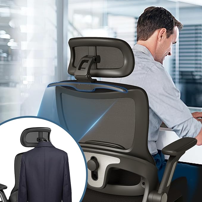 Ergonomic Office Chair, Home Computer Chair with 3D Adjustable Headrest and 4D Flip-Up Armrests, Adjustable Lumbar Support, Suitable for Office and Study, 6PC, Black