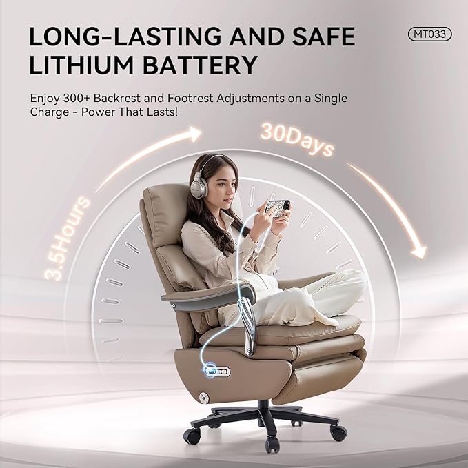 EMIAH Ergonomic Office Chair with Foot Rest Electric Executive Office Chair Reclining with Massage Big and Tall High Back Computer Chair with Wheels, Sustainable Leather（Light Khaki）