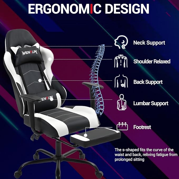 Gaming Chair with Footrest, Ergonomic PC Desk Chair with Headrest and Massage Lumbar Support, Video Game Chair with Height Adjustable High Back for Home Office, PU Leather, White
