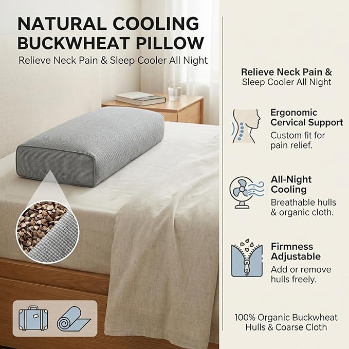 Buckwheat Pillow & Cervical Pillows for Sleeping (21x8x3inch) 100% Organic Coarse Cloth Package w Organic Buckwheat Hulls, Natural Cooling Technology and Relieve Cervical Pain. (C-Gray)
