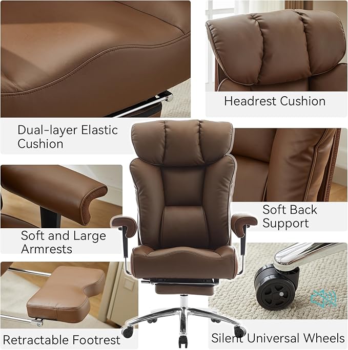 Efomao Big and Tall Office Chair with Footrest, 450lbs High Back Executive Chair with Spring Cushion, PU Leather Upholstery, Padded Armrests, Swivel Base, and Rolling Wheels – Brown Computer Chair