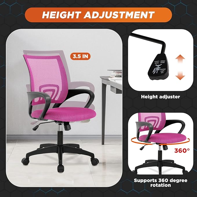 Ergonomic Office Chair Desk Chair Mesh Computer Chair Task Rolling Swivel Chair Upgraded Executive Swivel Computer Chair with Lumbar Support Modern Executive Adjustable Chair,Pink