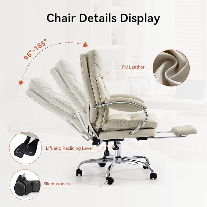 LEAGOO Office Chair with Footrest 155° Reclining Ergonomic High Back Desk Chair PU Leather Executive Computer Chair with Lumbar Support & Adjustable Arms Swivel Task Chair for Home Office, Cream White