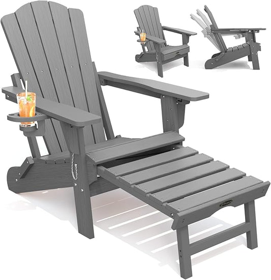 THOEOE Adjustable Adirondack Chair with Retractable Ottoman, HDEP Folding Adirondack Chairs with Footrest 2-in-1 Cup Holder, All Weather Outoor Fire Pit Chair with Foot Rest Set 1 Grey