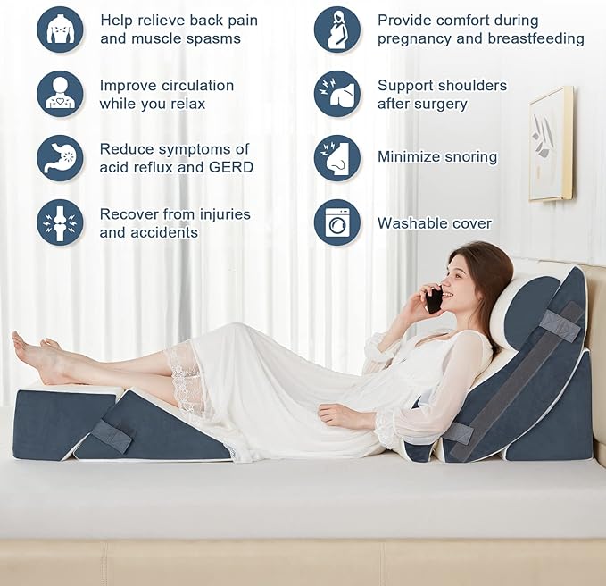 Lazyzizi 6pcs Orthopedic Bed Wedge Pillow Set, Memory Foam Wedge Pillow for Sleeping, Knee, Lumbar and Back Pain Relief Adjustable Bed Pillow - Acid Reflux, Anti Snoring & GERD Sleeping, Grey