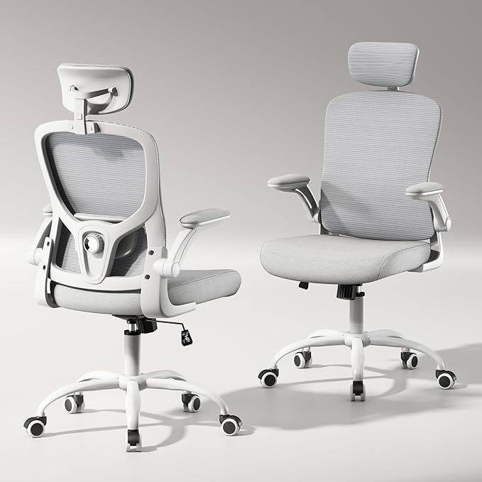 Ergonomic Chair for Office- Study Chair,300lb Gaming Chair, Mesh Comfortable High Back Chair, Headrest, Lumbar Support, Armrest, Comfy Seat for Man Woman(White-Grey6076)