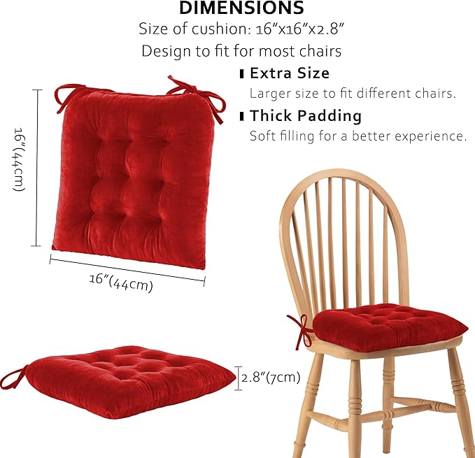 ELFJOY 4 Pack Chair Cushions for Dining Chairs Chair Pads Cushion for Kitchen Office Tufted Square Seat Cushion with Ties (U Shape Red)