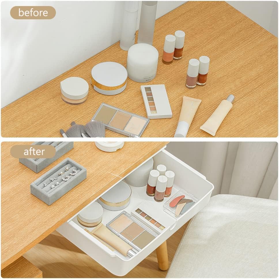 Poeland Under Desk Drawer Self-Stick Storage Organizer for Office Home School, Holders for Desk Accessories, Large Size, White