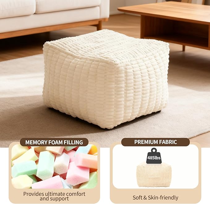 Pouf Ottoman, Soft Corduroy Pouf, Poofy Ottoman Foot Rest，Poufs for Adults, Poofs & Ottomans Furniture, Floor Poof-Chair for Living Room & Bedroom(1PC, Beige White, 26"×26"×16")