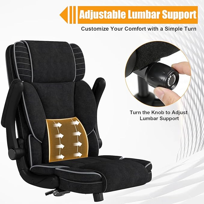 Big and Tall Office Chair with Adjustable Lumbar Support,Breathable Fabric High Back Desk Computer Chair with Adjustable Flip-up Armrests,Ergonomic Swivel PC Chair with Rocking Function