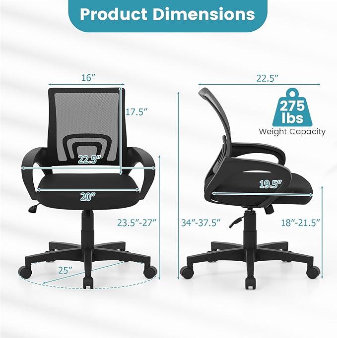 Giantex Ergonomic Mesh Office Chair, Mid-Back Computer Chair with Breathable Backrest, Lumbar Support and Adjustable Height, Gaming Chair, Swivel Rolling Desk Chair for Home Office, Task and Study
