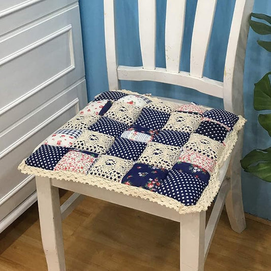 vctops Patchwork Chair Pad with Ties No Slip Lace Trim Chair Cushion Farmhouse Floral Print Kitchen Dining Seat Cushion (307 Dark Blue, 16"x16")