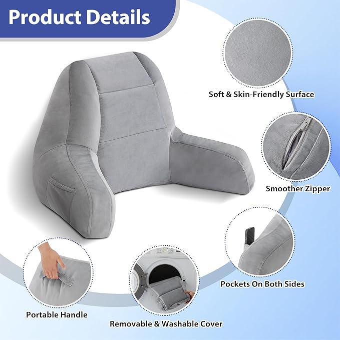 IASEAHK Reading Pillows for Sitting in Bed Adult, Back Pillow for Bed Sitting Up, Backrest Pillows with Shredded Foam for Adult&Teens, Support Pillow with Arms for Beds, Couch, Floor, 24in, Grey