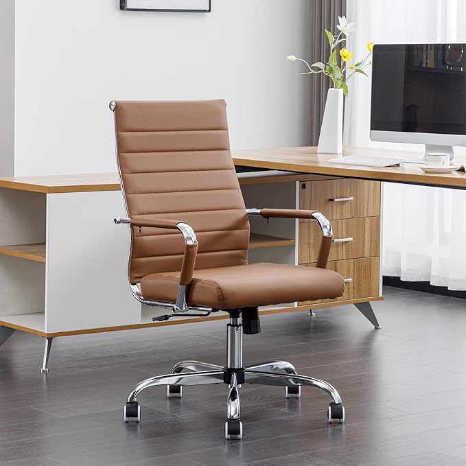 Okeysen Office Desk Chair, Ergonomic Leather Modern Conference Room Chairs, Executive Ribbed Height Adjustable Swivel Rolling Chair for Home Office