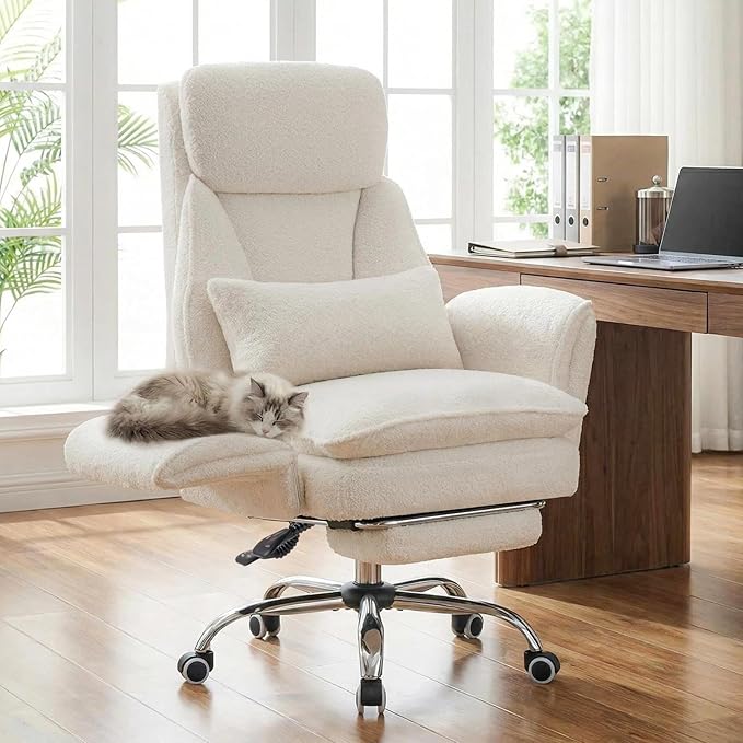Furniliving Criss Cross Office Chair with Armrests & Wheels, Big and Tall Office Chair with Footrest, Flip Armrests for Pets, Wide Seat Cross Legged Desk Chair, Ergonomic Computer Chair, Teddy, White