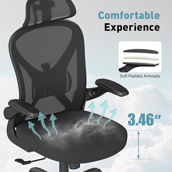 Ergonomic Office Chair Set of 2, with Adjustable Lumbar Support, Mesh Fabric Home Office Chair with Headrest, 360° Swivel and Flip-Up Armrests, Black