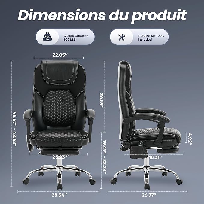 MALOL Massage Office Chair with Heat and Footrest - 3-Level 65°C Targeted Heating, 20-Min Assembly Leather Desk Chair, Big and Tall Executive Computer Chair with Side Pocket, 300 lbs, Black,Set of 2