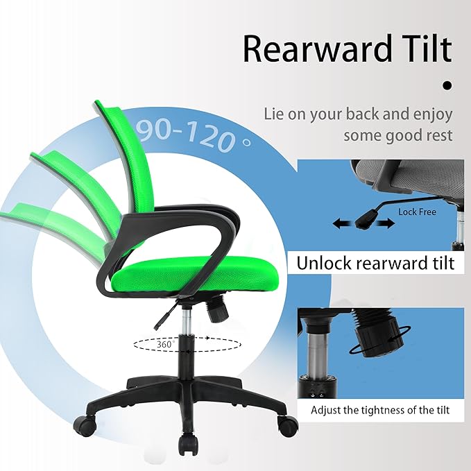 Home Office Chair Ergonomic Desk Chair Mesh Computer Chair with Lumbar Support Armrest Executive Rolling Swivel Adjustable Height Mid Back Chair for Adults, PVC Base, Green