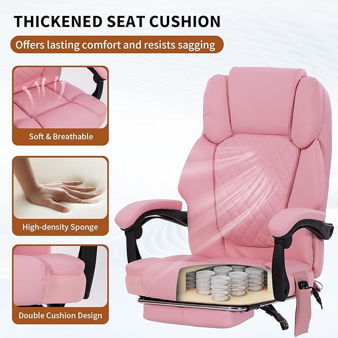 Massage Office Chair with Heat 6 Vibration Points,High Back & Heat, Executive Desk Chair,Big and Tall Office Chair 400lbs, Comfortable Ergonomic Reclining Managerial Chair, PU Leather Pink