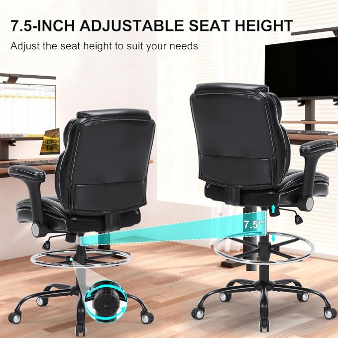 Drafting Chair, Tall Office Chair with Adjustable Armrests Mid-Back Standing Desk Chair with Footrest Ring, PU Leather High Executive Desk Chair Counter Height Office Chair for Home and Office, Black