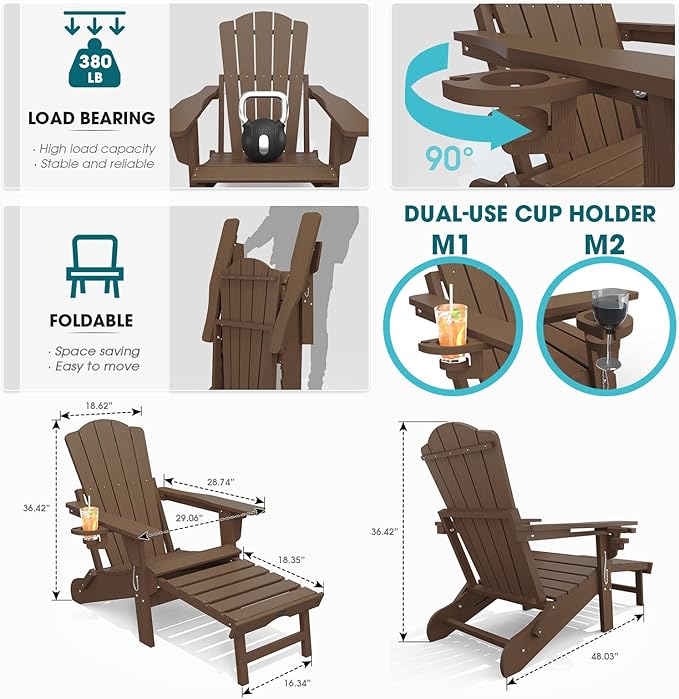 THOEOE Adjustable Adirondack Chair with Retractable Ottoman, HDEP Folding Adirondack Chairs with Footrest 2-in-1 Cup Holder, All Weather Outoor Fire Pit Chair with Foot Rest Set 8 Brown