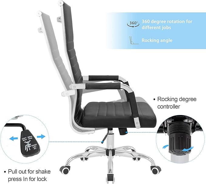 Ribbed Office Chair High Back PU Leather Desk Chair Adjustable Swivel Task Chair Computer Chair with Armrest for Conference Study Leisure (Black)